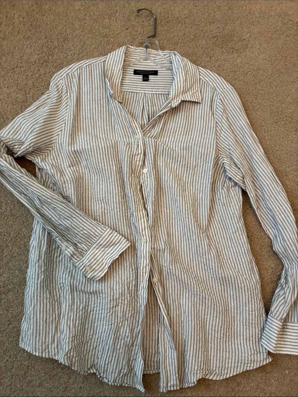 Banana Republic Women’s White and Light Blue Striped Button-Down Shirt
